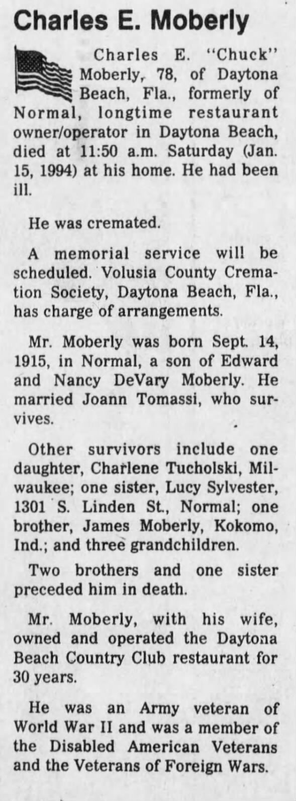 Obituary for Charles E. Moberly, 1915-1994 (Aged 78)